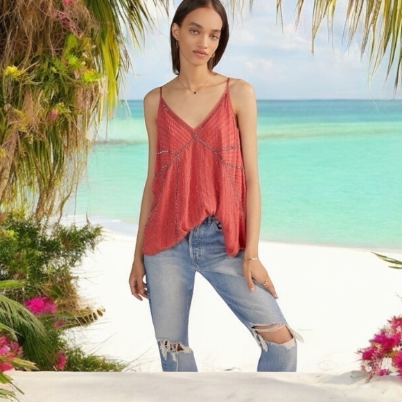 Anthropologie Tops - Women Tank Anthropologie Ranna Gill Art Deco Strappy Cami Pink Beaded Blouse Top